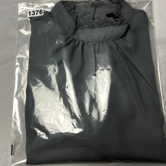 Ann Taylor Lace Trim Mock Neck‎ Yoke Blouse Size L Gray Career Essential Fringe - Picture 10 of 11